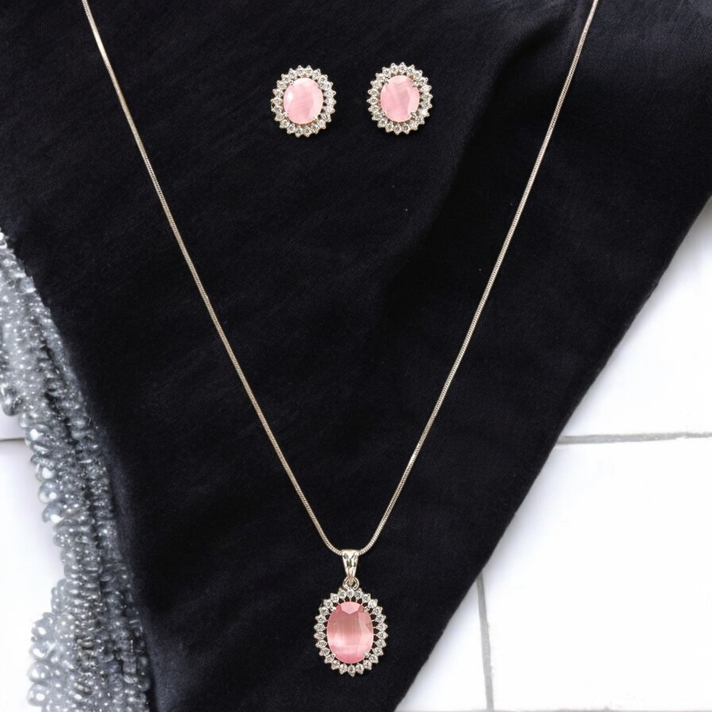 433094-American Diamond Delicate Pendant Set With Rhodium Plating-Pink