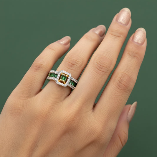 438465 Cz Adjustable Ring With 2 Tone Plating-Green