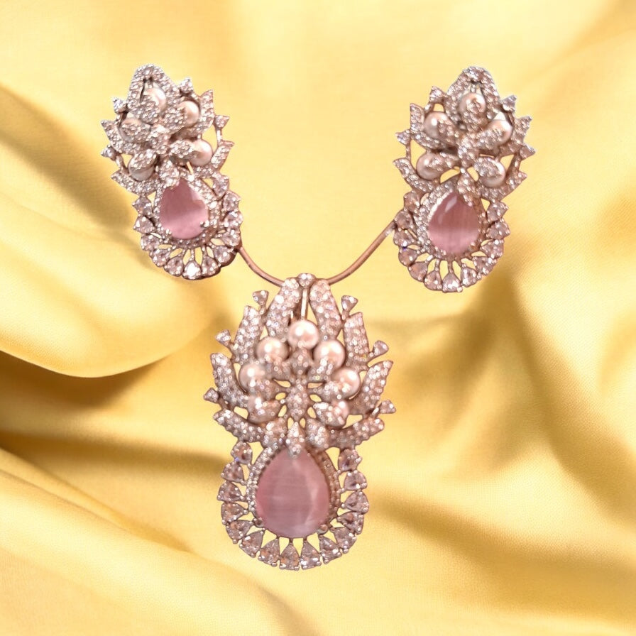 97459-PS-American Diamond Delicate Pendant Set With Rhodium Plating-Pink Moti