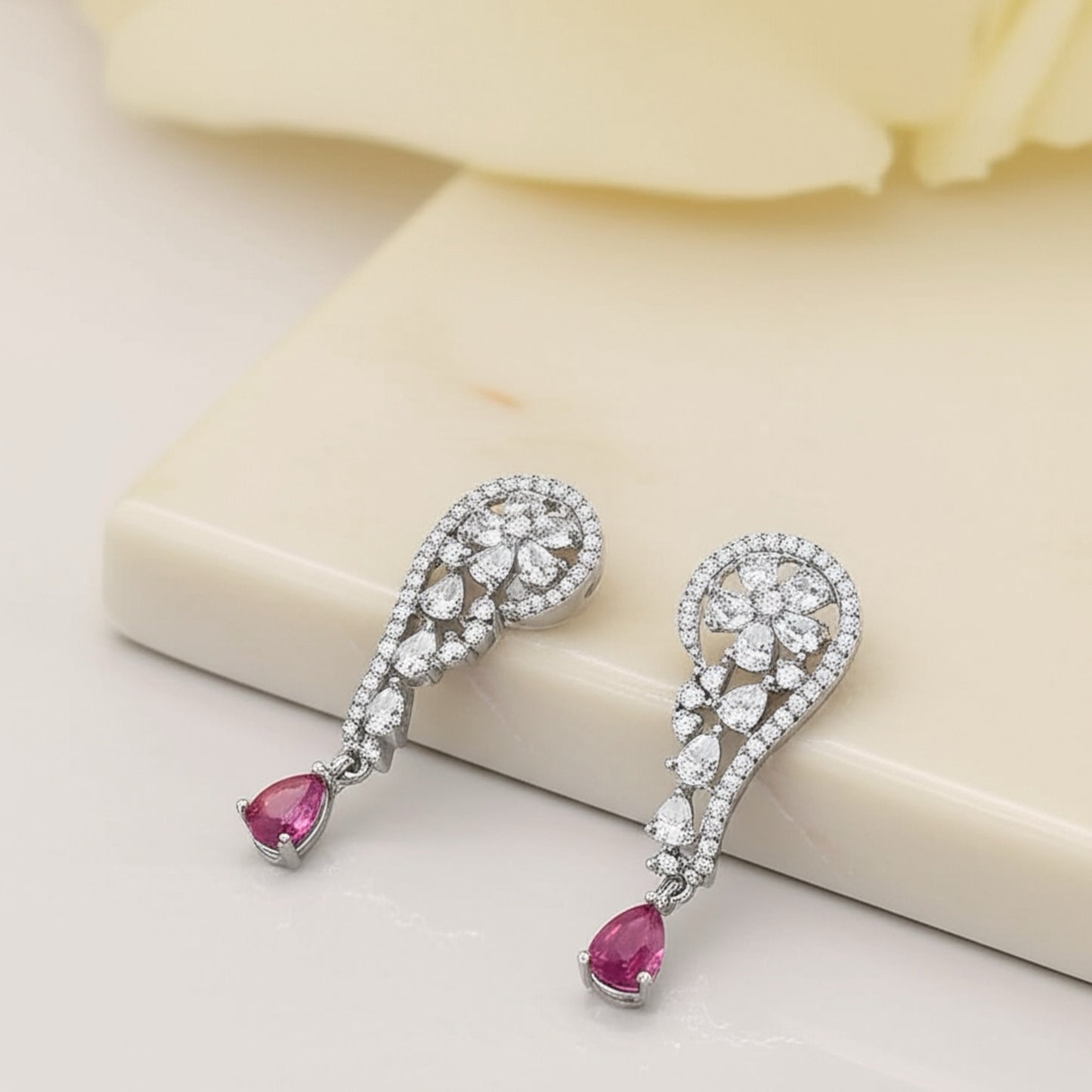 426808 CZ Earring With Rhodium Plating-Ruby