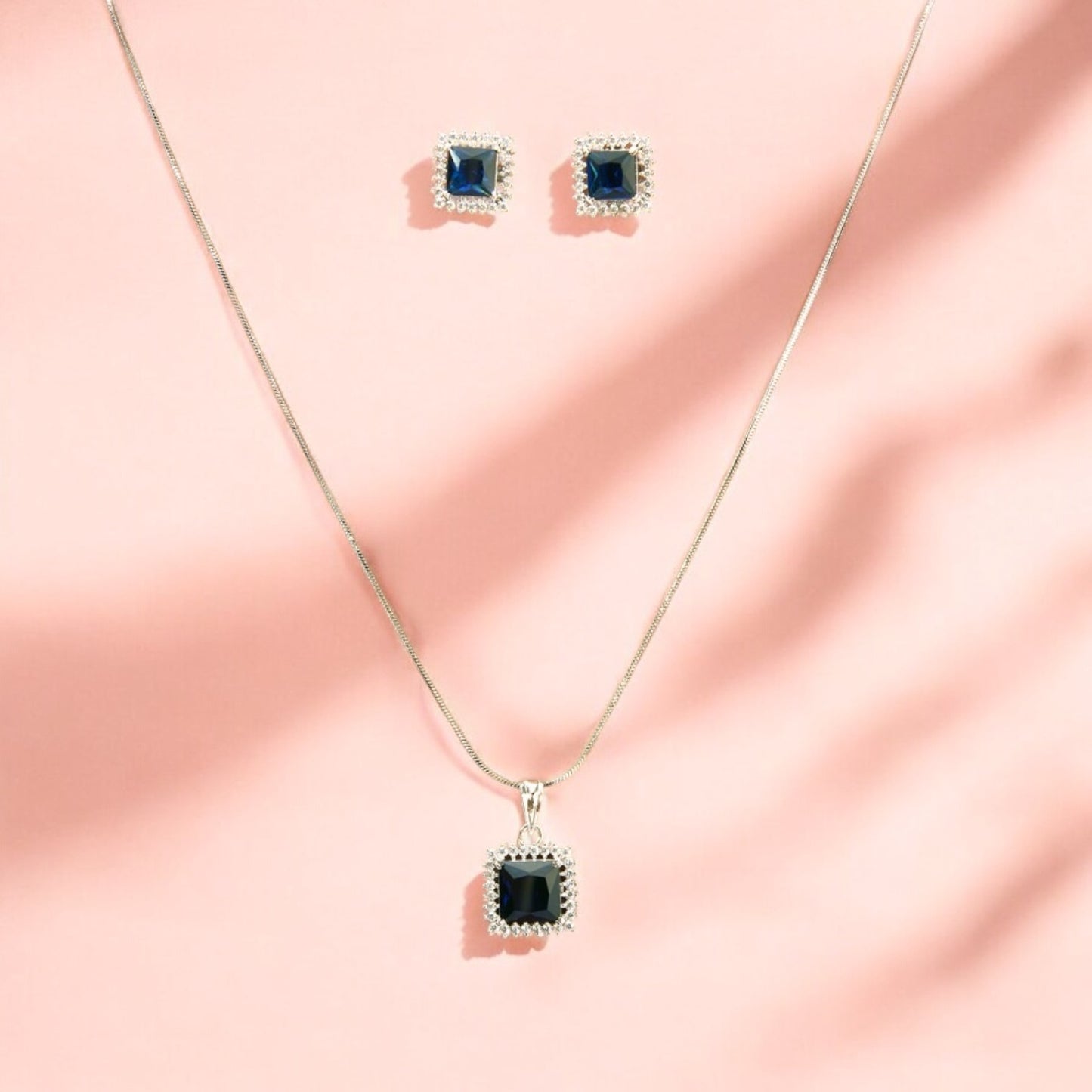 433093-American Diamond Delicate Pendant Set With Rhodium Plating-Blue