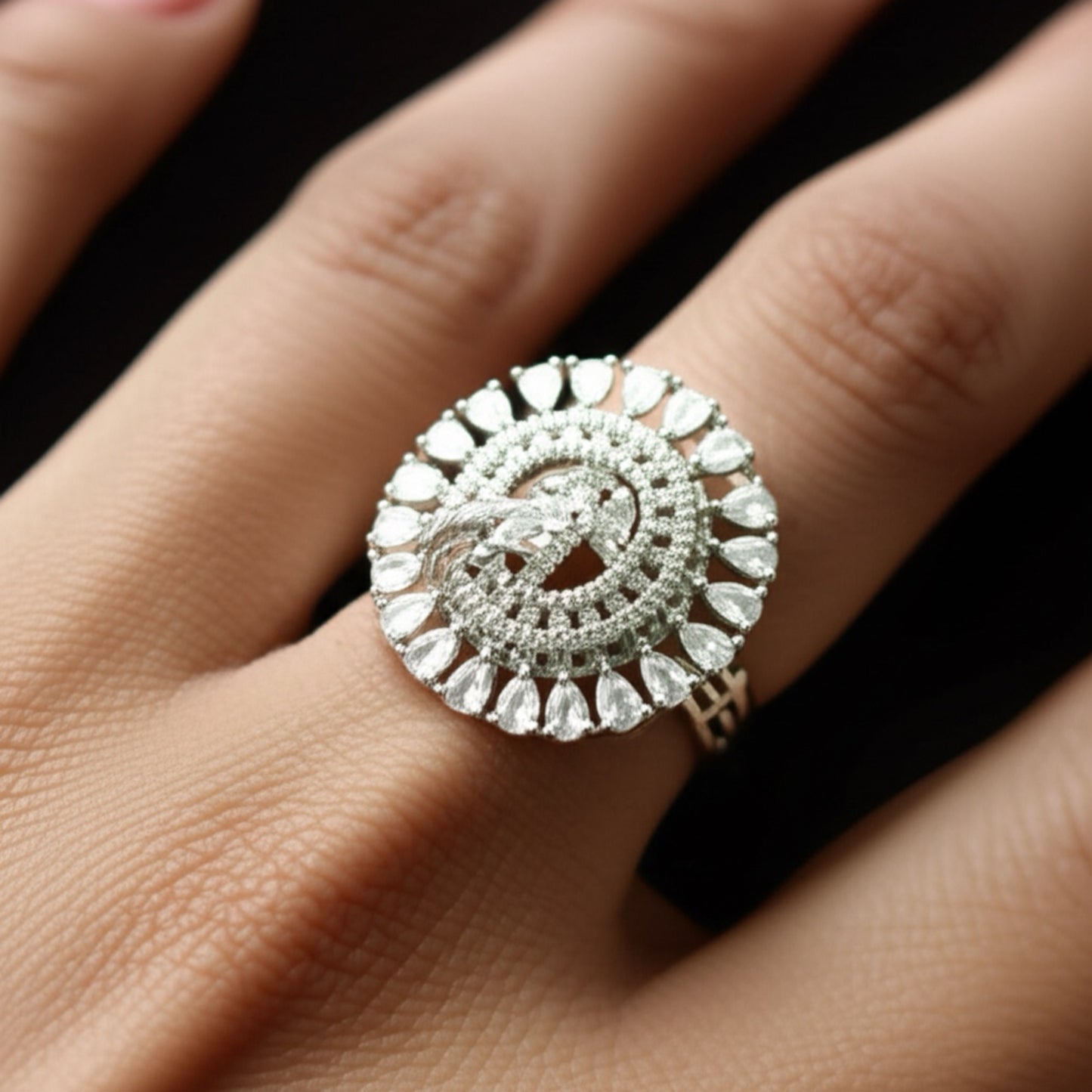 428262 Cz Adjustable Ring With Black 2 Tone Rhodium Plating-Silver