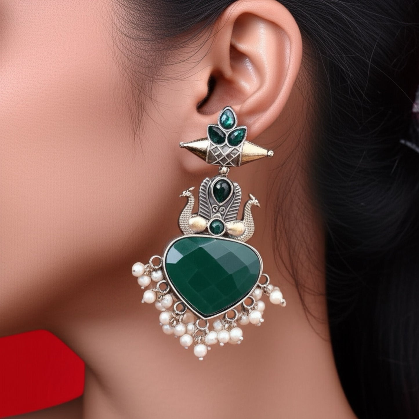 94509-ERO Pretty Precious Fashion Oxidised Silver Stylish Party Wear Earrings for Women and Girls-Green