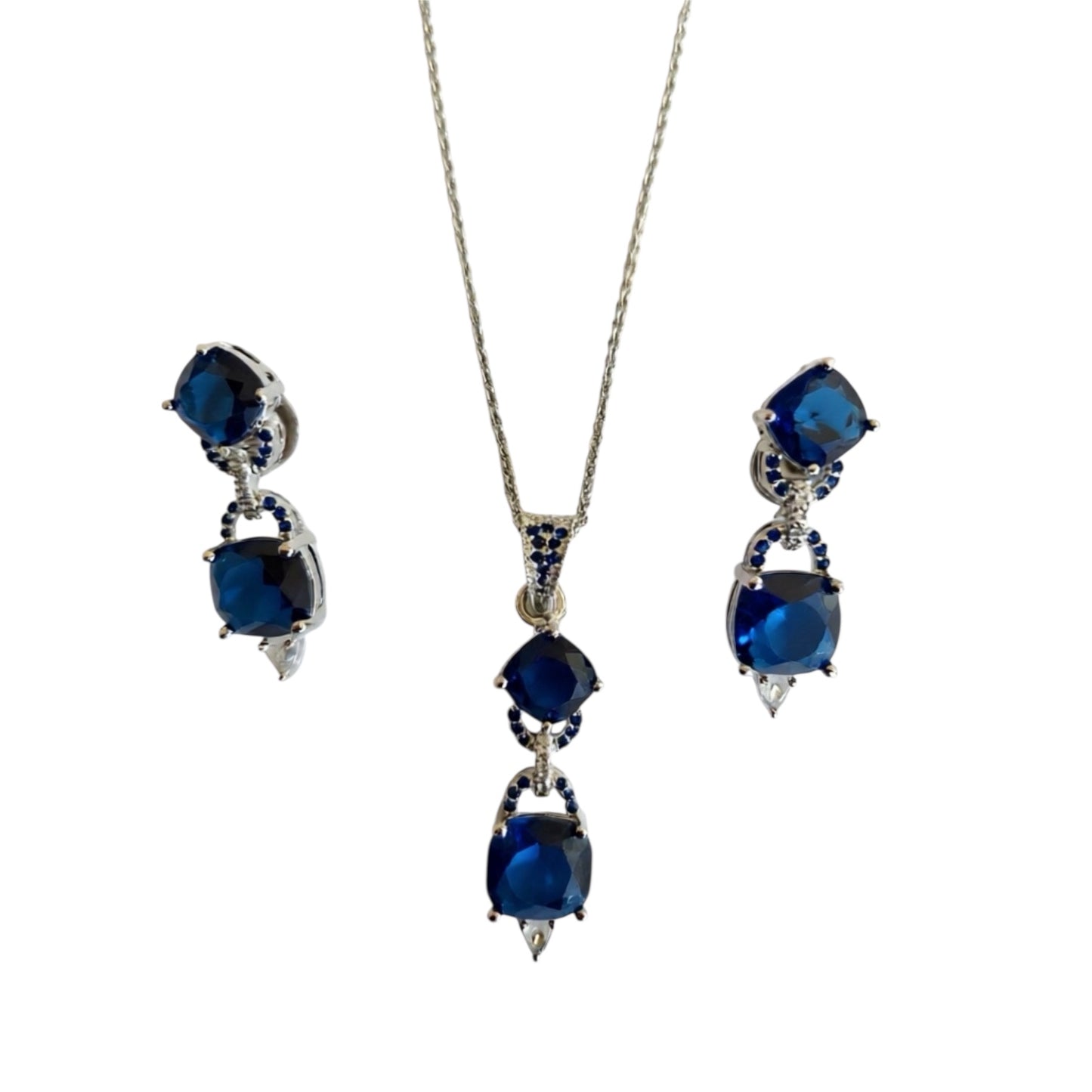 92509-PS-American Diamond Delicate Pendant Set With Rhodium Plating-Blue