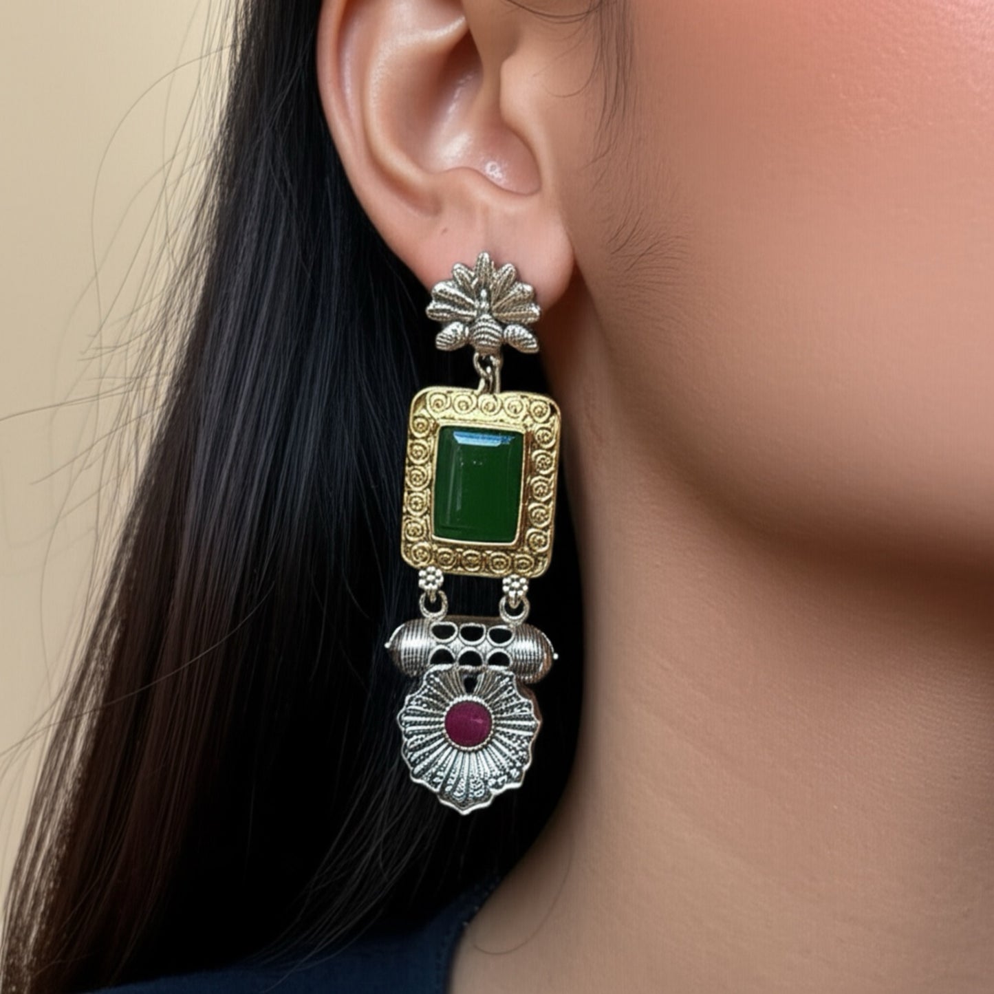 808637 Pretty Precious Fashion Oxidised Silver Stylish Party Wear Earrings for Women and Girls-Ruby Green