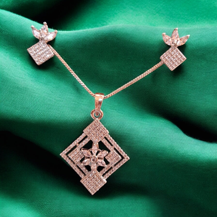 92259-PS-American Diamond Delicate Pendant Set With Rhodium Plating-Design 3