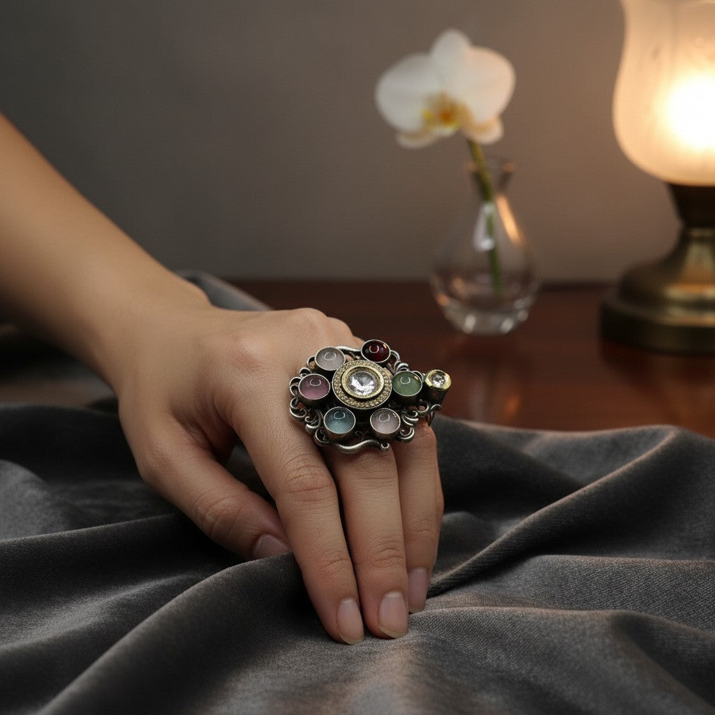 807241 Oxidised Adjustable Ring With 2 Tone Plating