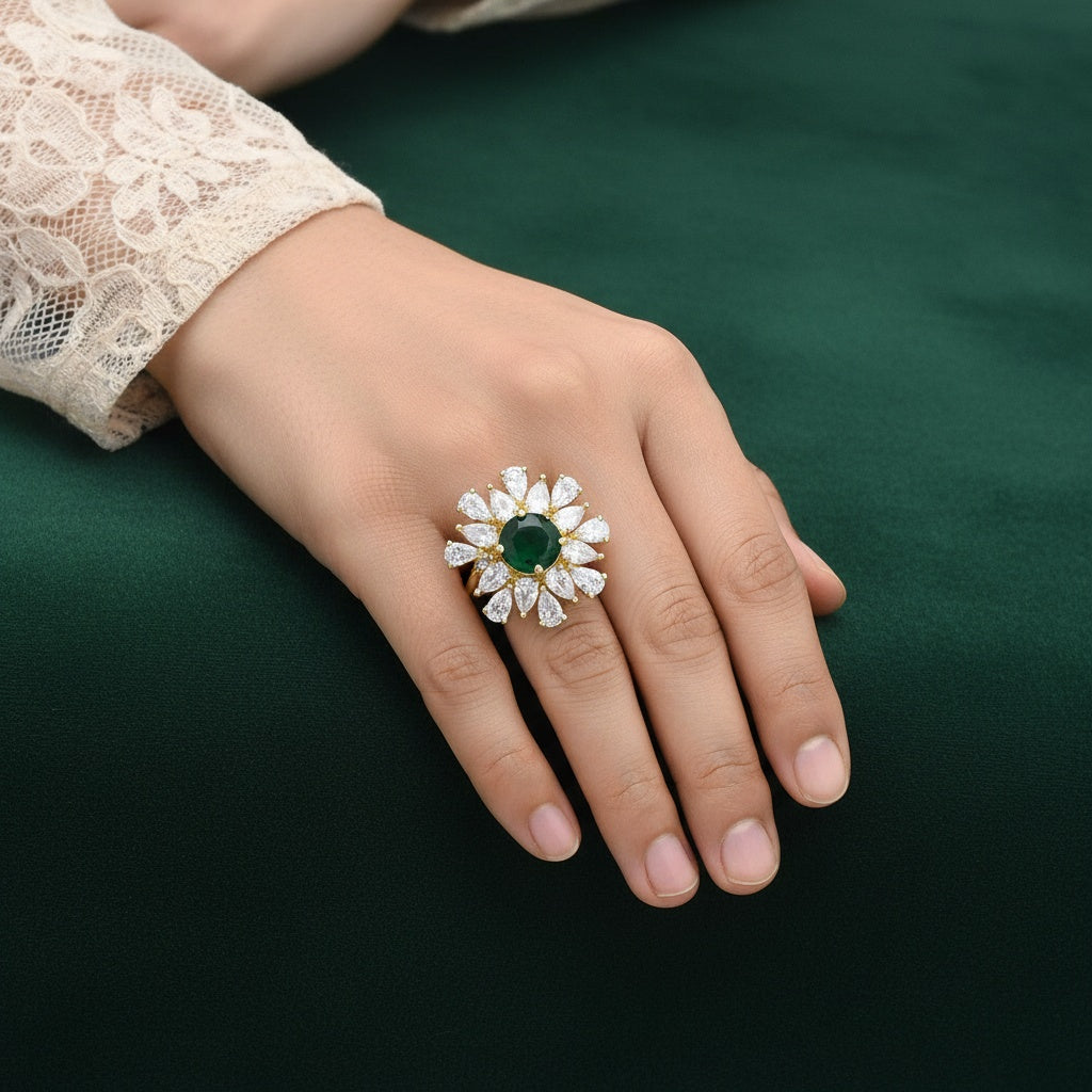 438613 Cz Adjustable Ring With Gold Plating-Green