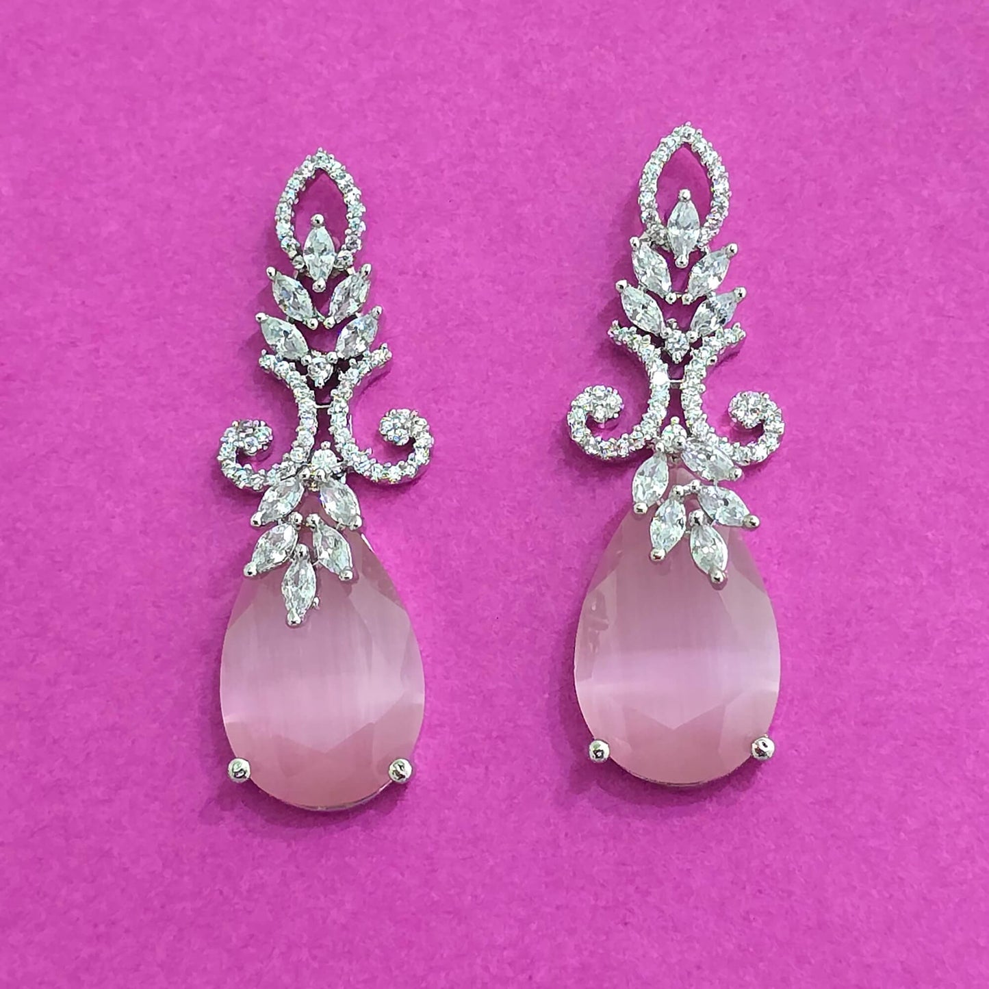 439589 Cz Classic Earring With Rhodium Plating-Pink