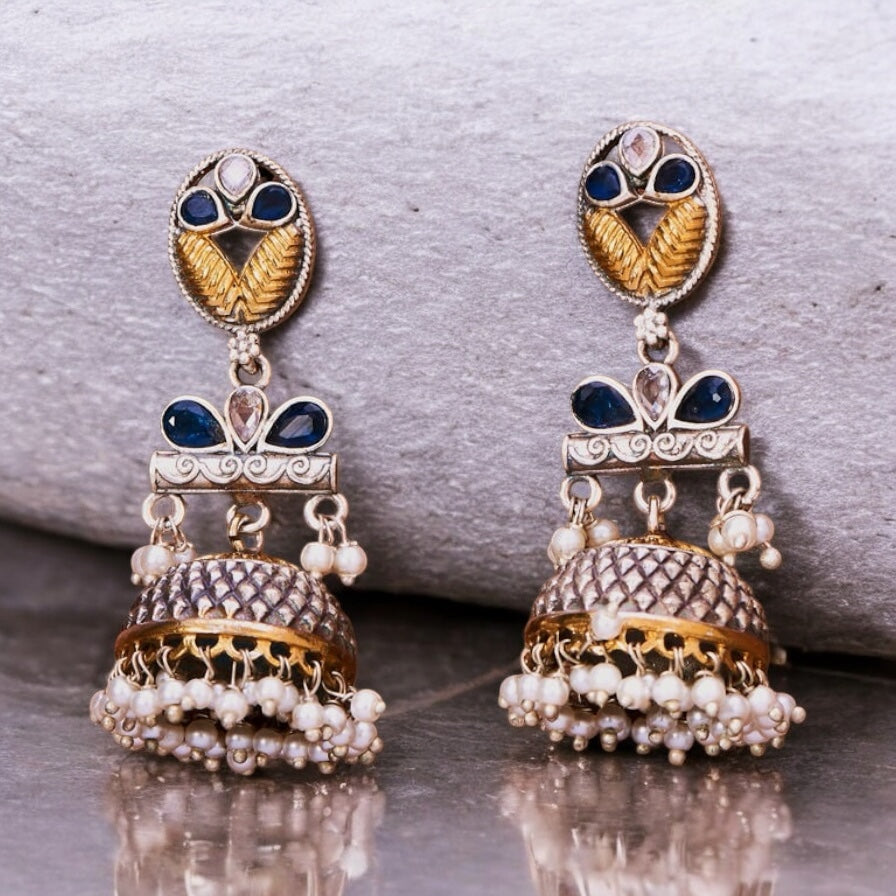 807521 Oxidised Pearl Jhumki With 2 Tone Plating-Blue