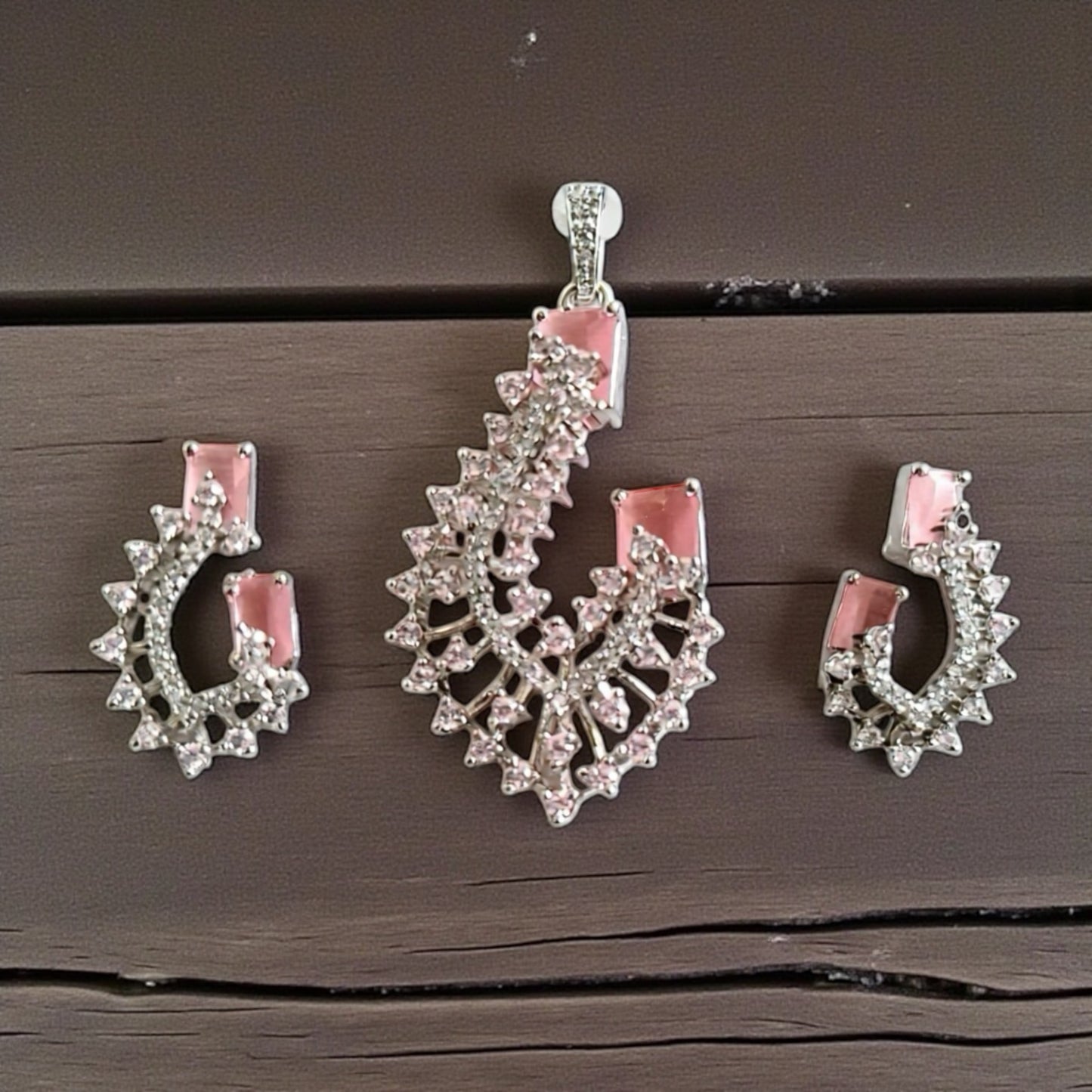 435238-American Diamond Delicate Pendant Set With Rhodium Plating-Pink