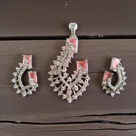 435238-American Diamond Delicate Pendant Set With Rhodium Plating-Pink