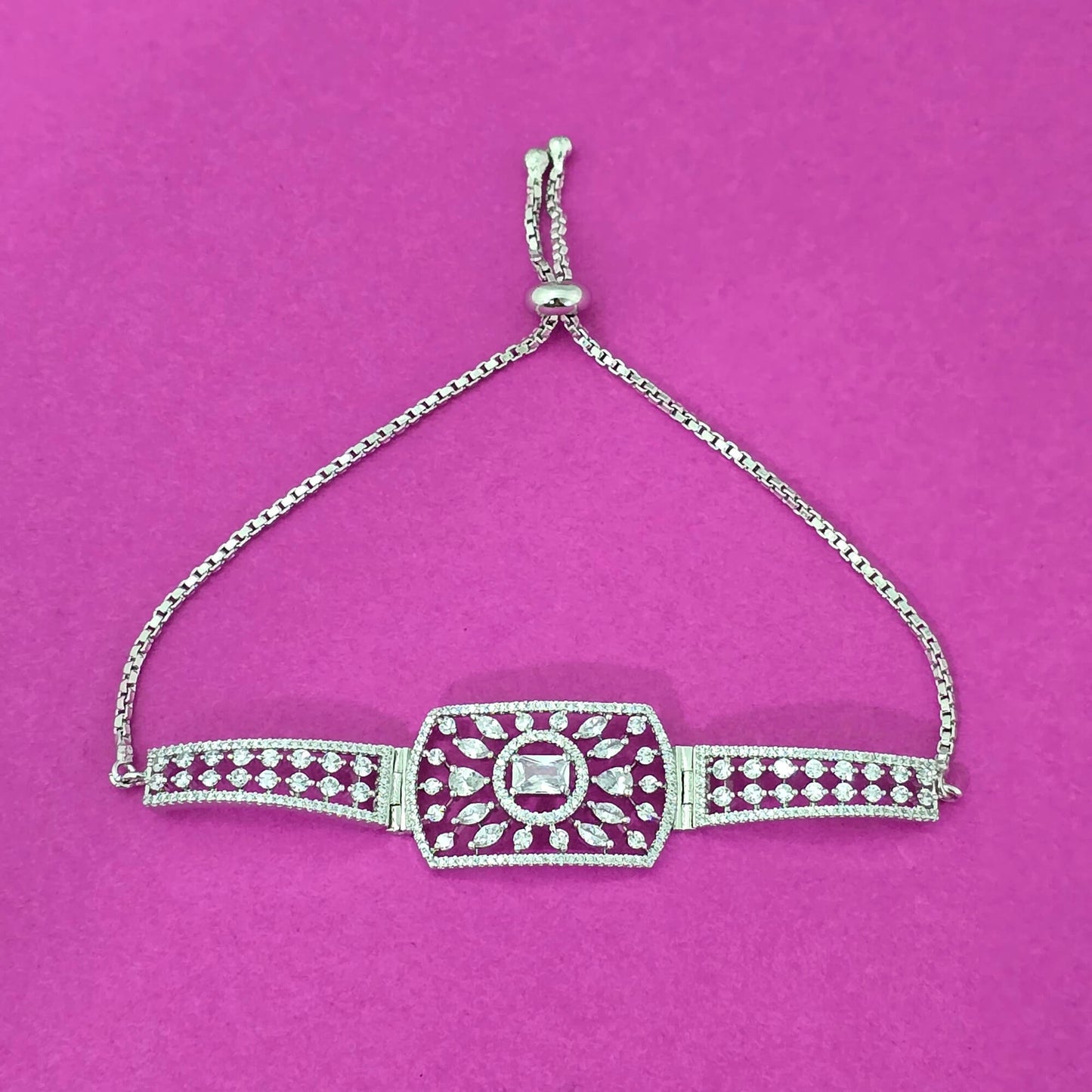 439749 Cubic Zirconia Adjustable Bracelet With Rhodium 2 Tone Plating-Silver