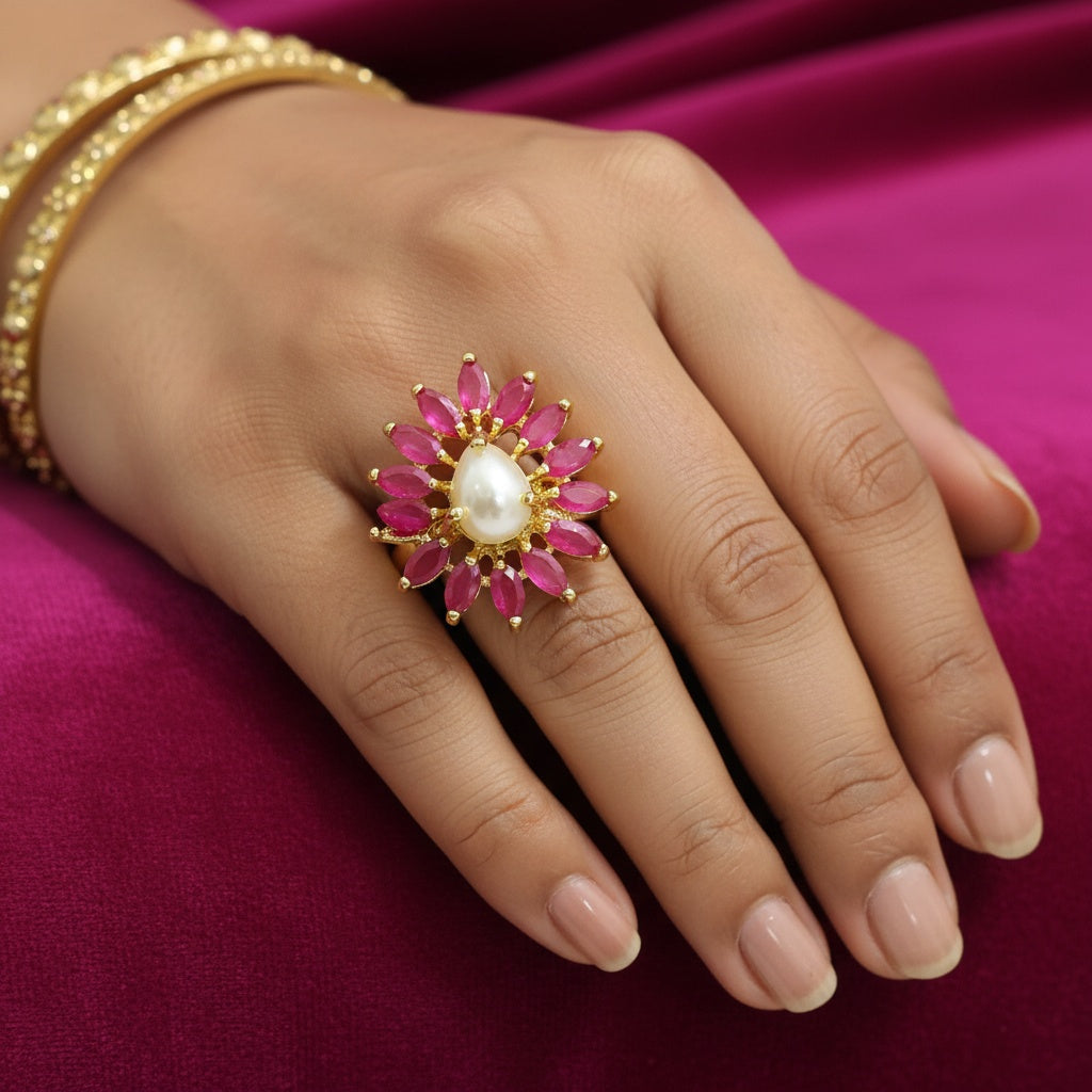 439160 Cubic Zirconia Adjustable Ring With Gold Plating-Ruby