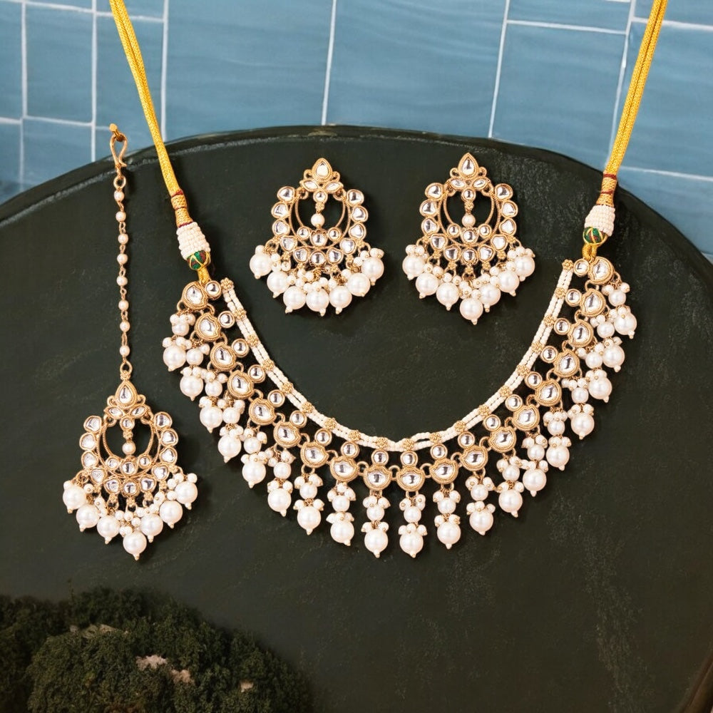 111800 Indo Western Kundan Necklace With Gold Plating-White