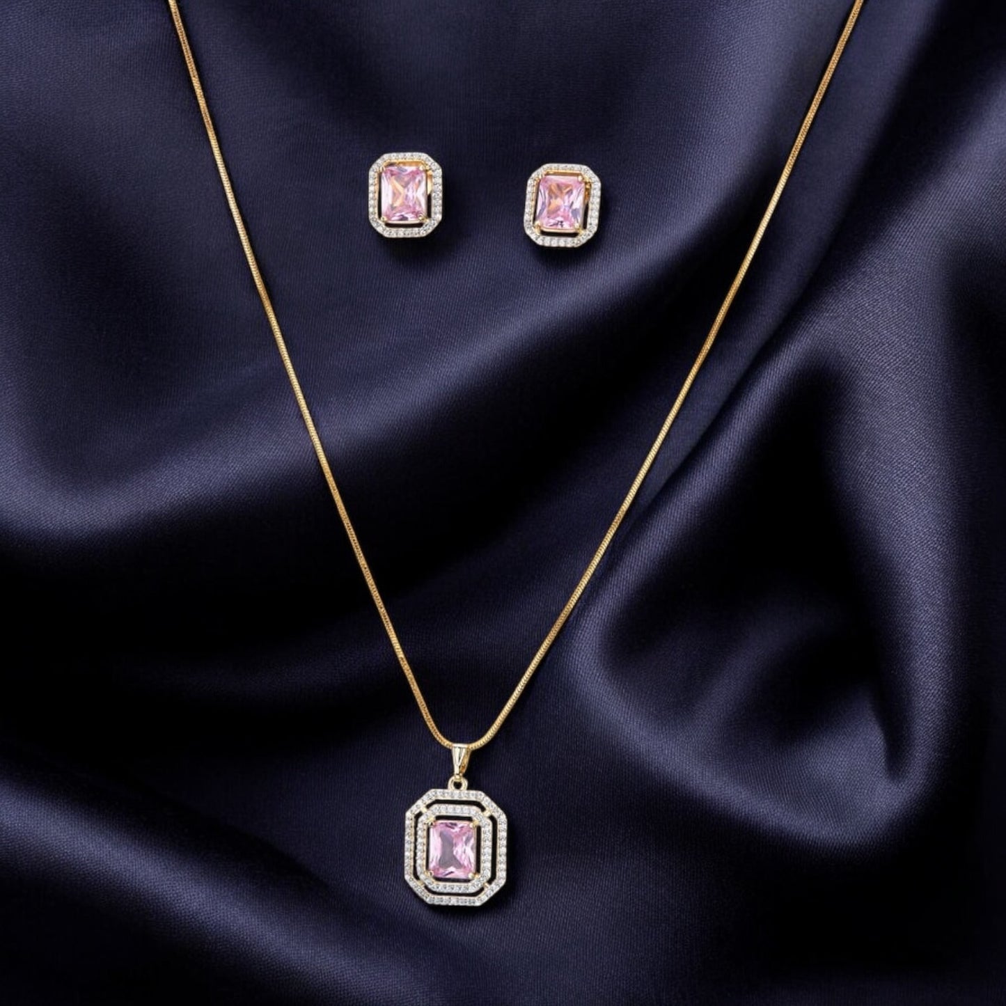 431223-American Diamond Delicate Pendant Set With Gold Plating-Hydra Pink