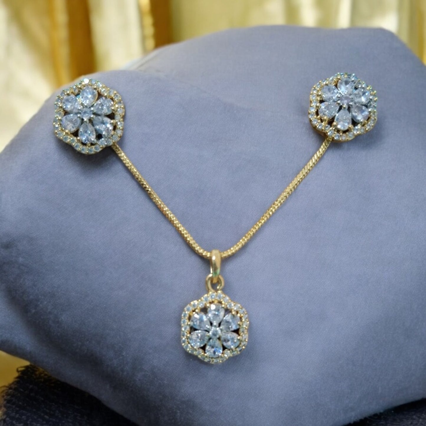 91609-PS-American Diamond Delicate Pendant Set With Gold Plating-Design 2