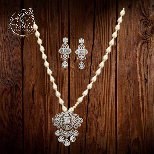 429934 Cubic Zirconia Bandhai Mala Necklace With Rhodium Plating-White