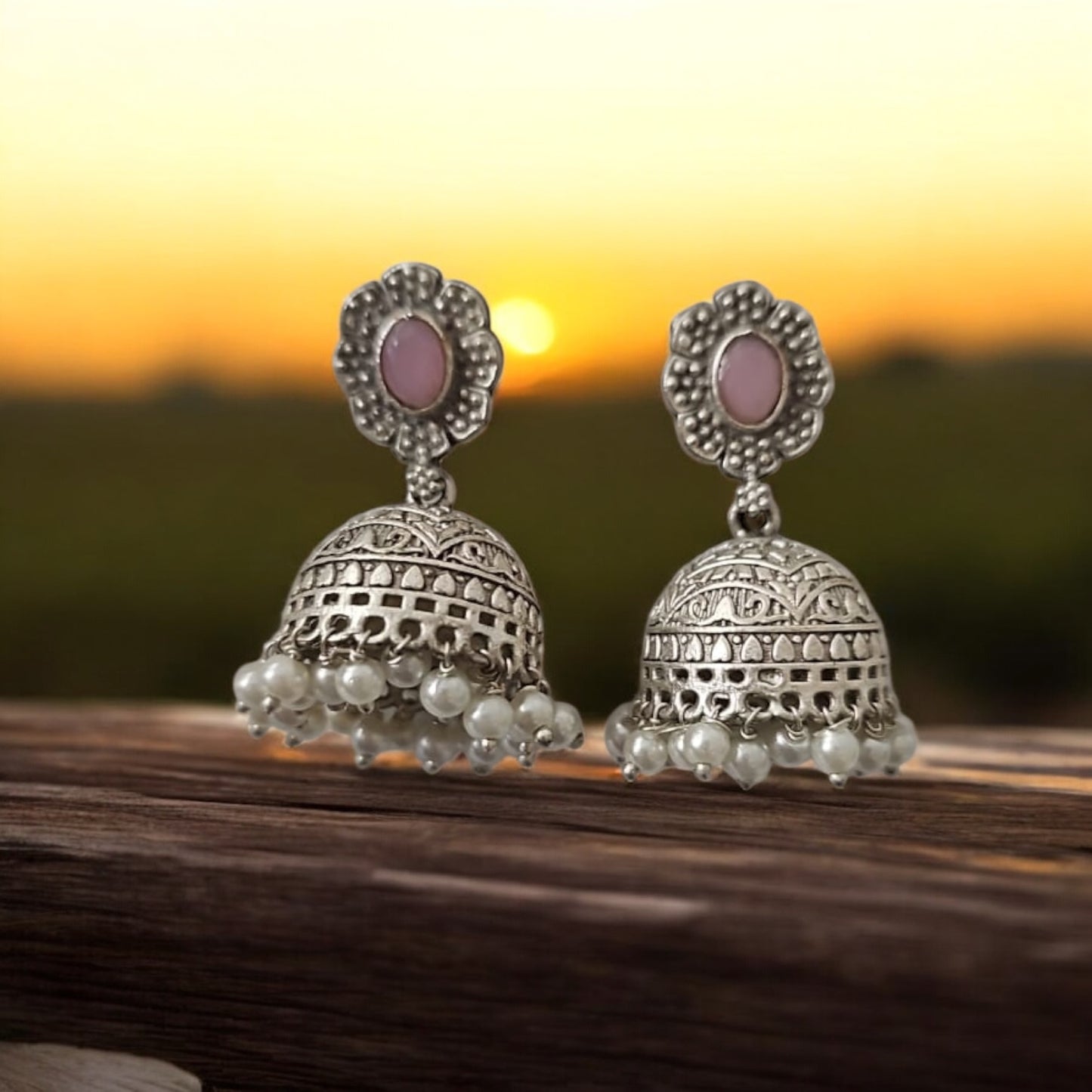 35105 Pretty Precious Fashion Oxidised Silver Stylish Party Wear Earrings for Women and Girls-Pink