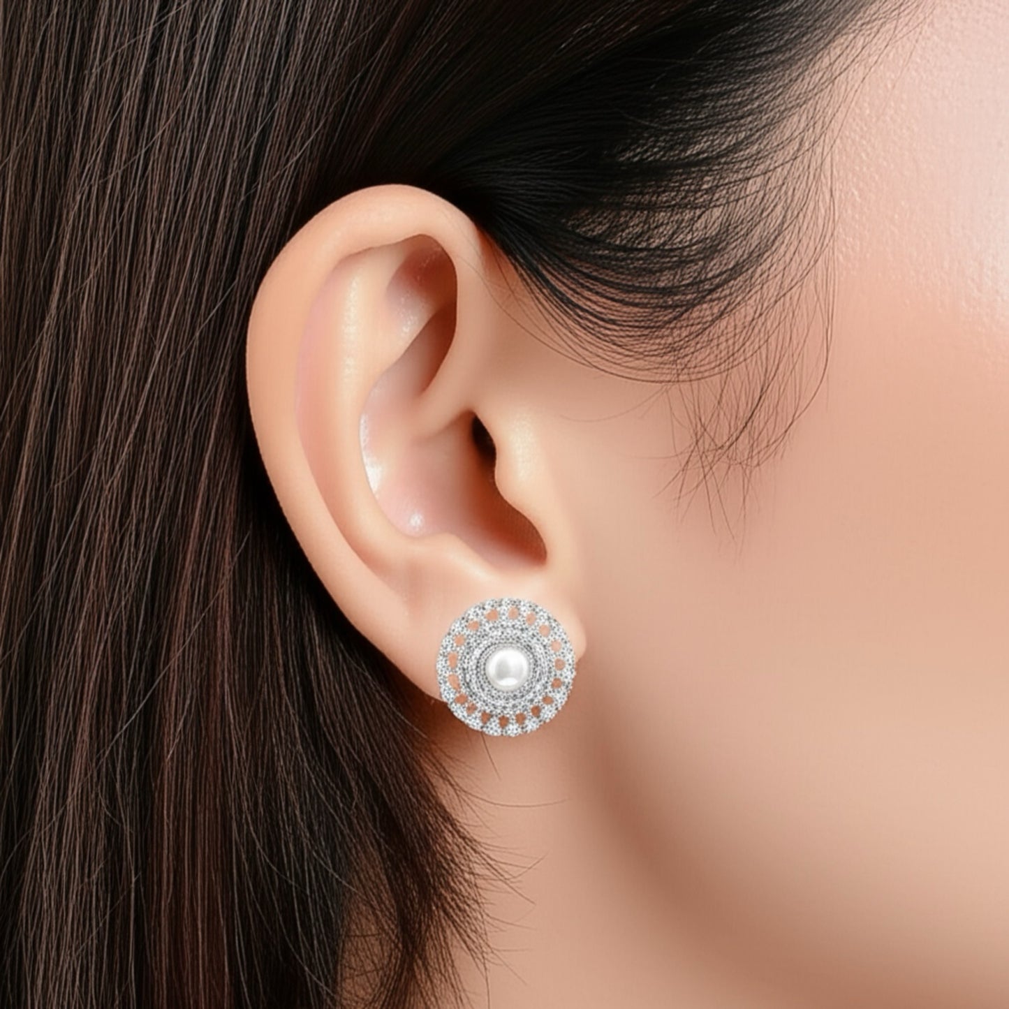 431823 Cz Pearl Tops With Rhodium 2 Tone Plating