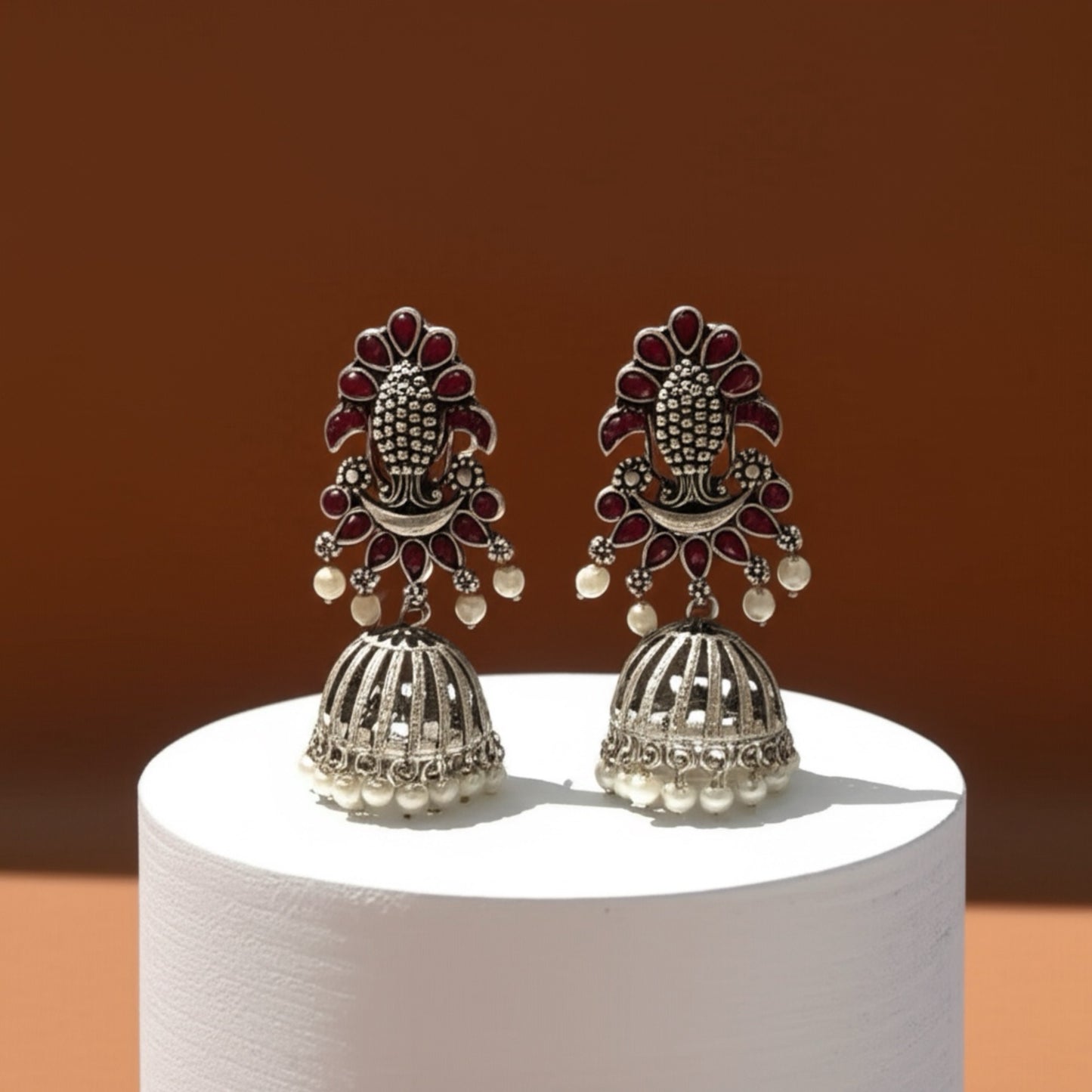 804974 Pretty Precious Fashion Oxidised Silver Stylish Party Wear Earrings for Women and Girls-Ruby