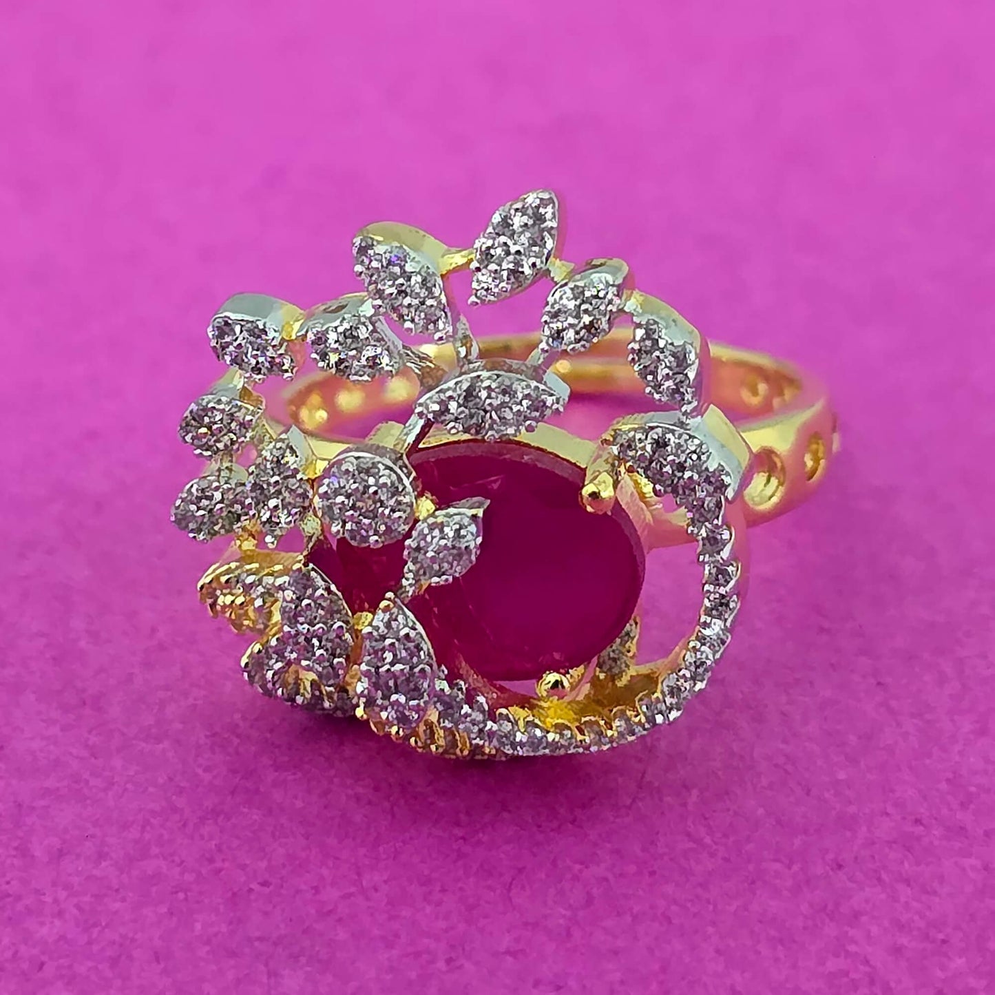 439561 Cz Adjustable Ring With 2 Tone Plating-Ruby
