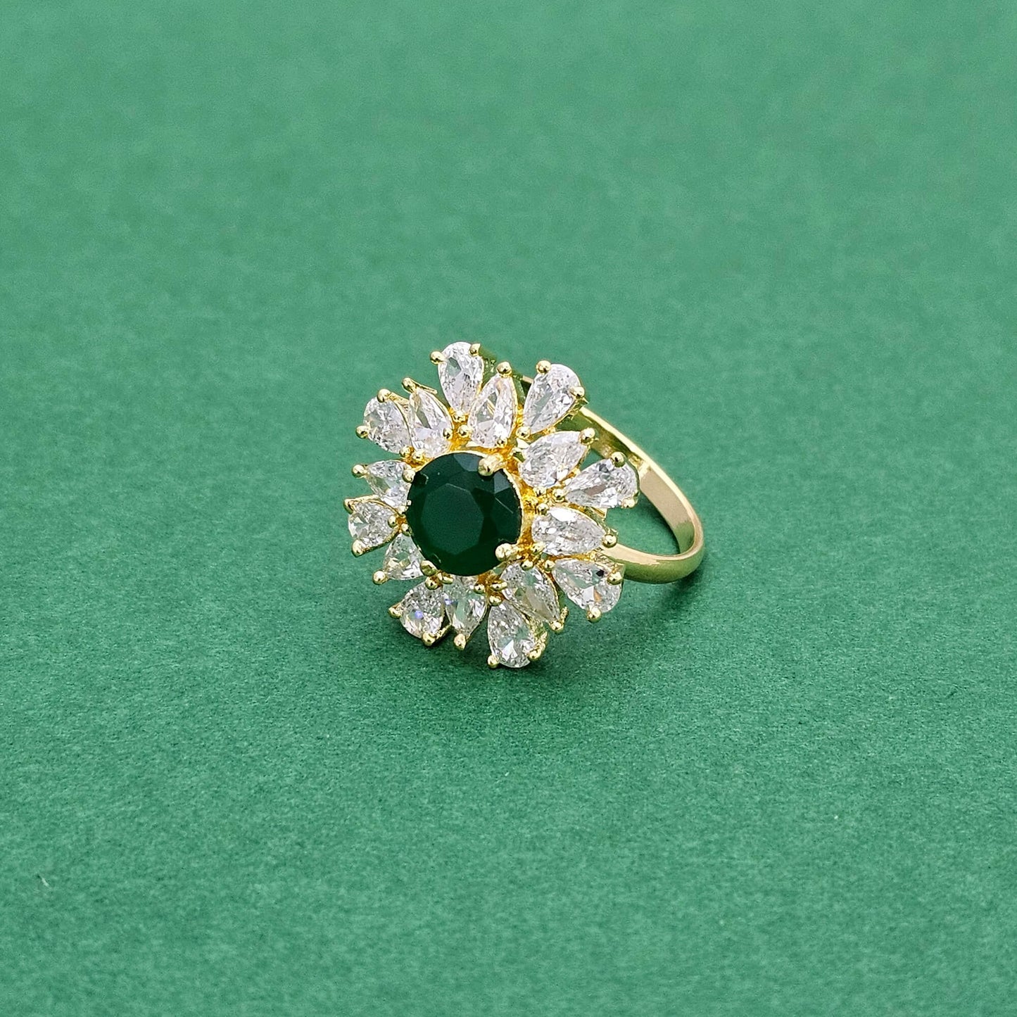438613 Cz Adjustable Ring With Gold Plating-Green