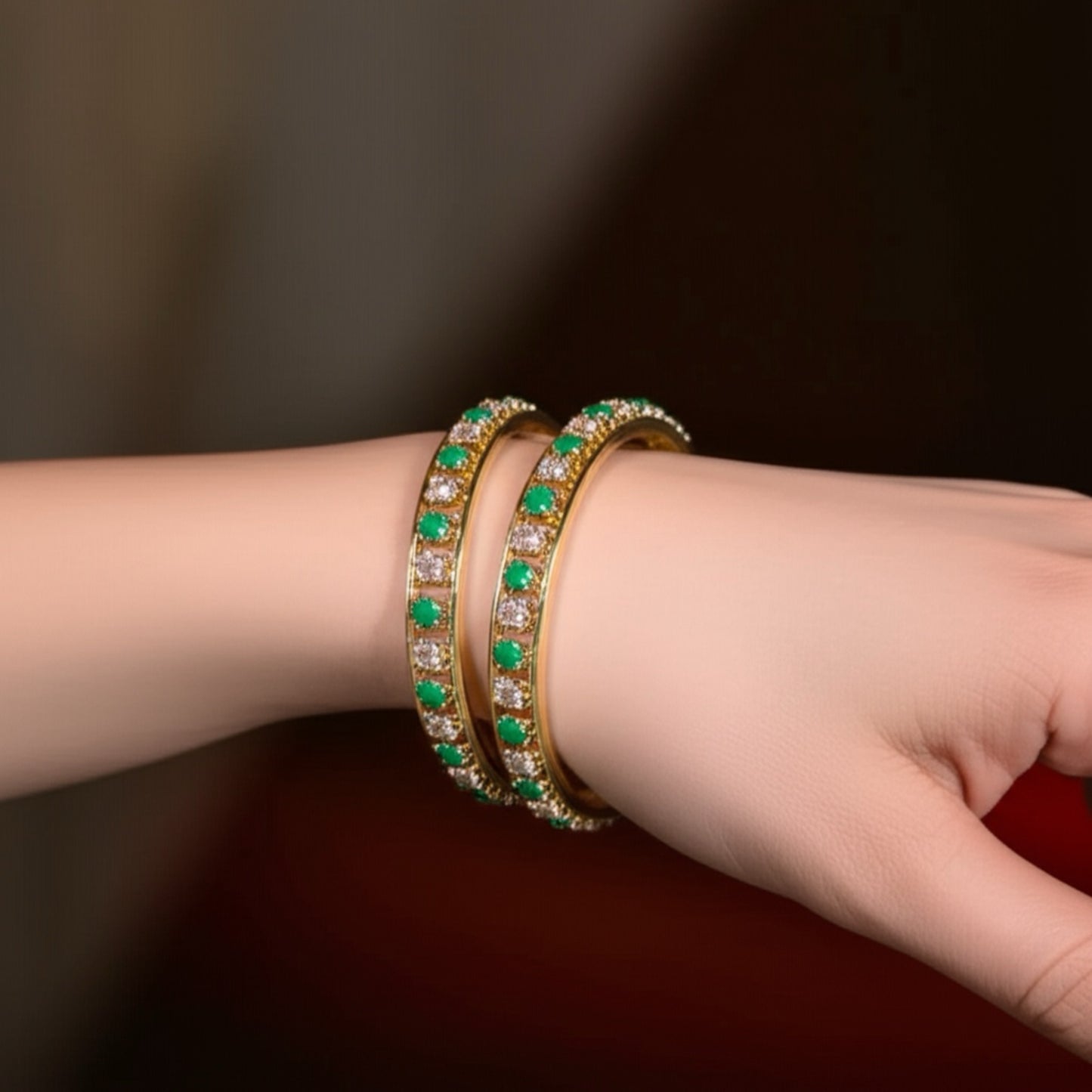 431066 Cz Bangles With Gold Plating-Size 2.6 (Green-White)