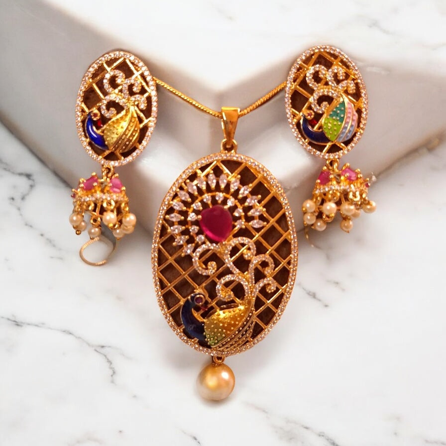 98759-PS-American Diamond Delicate Pendant Set With Gold Plating with Meenakari