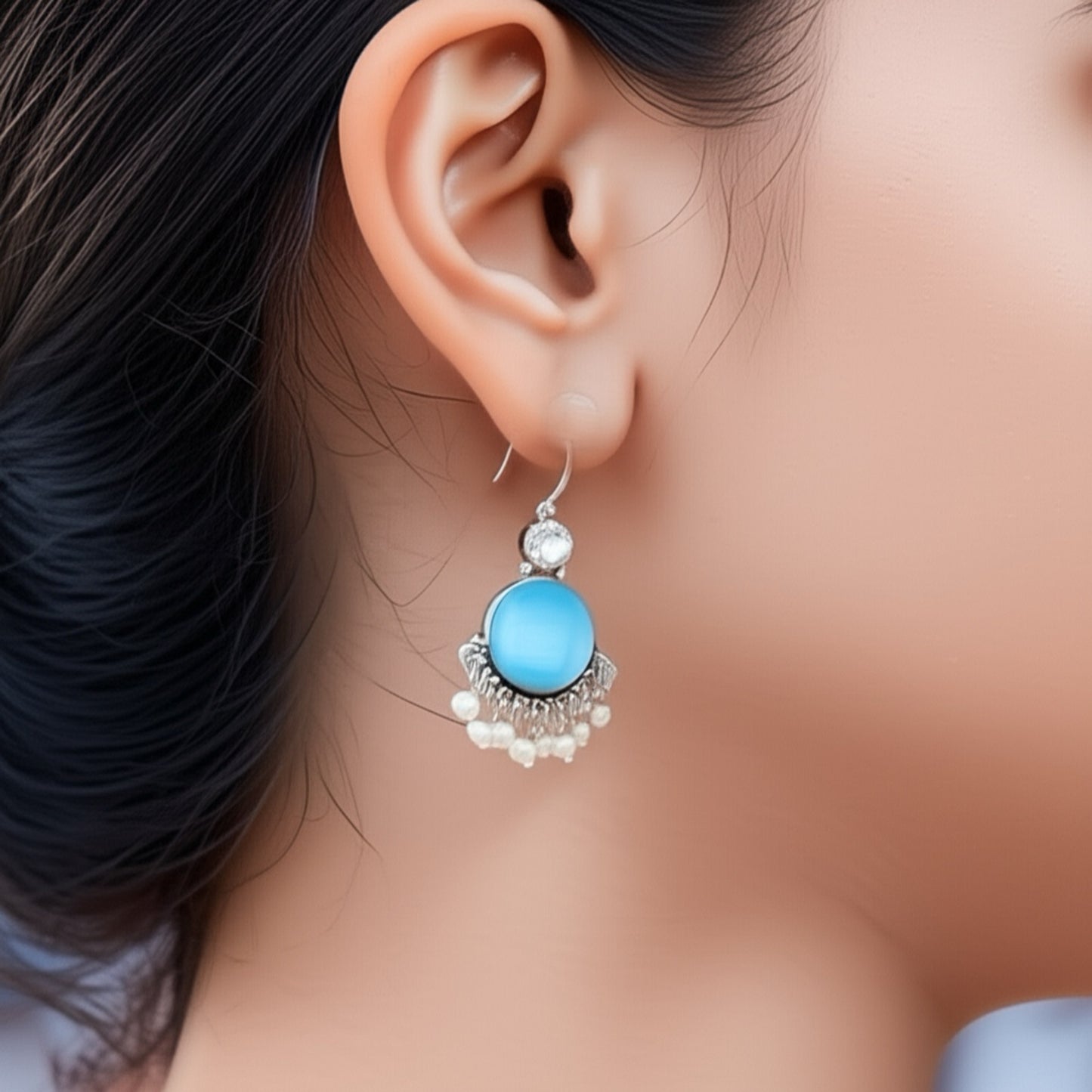 91509-ERO Pretty Precious Fashion Oxidised Silver Stylish Party Wear Earrings for Women and Girls-Aqua