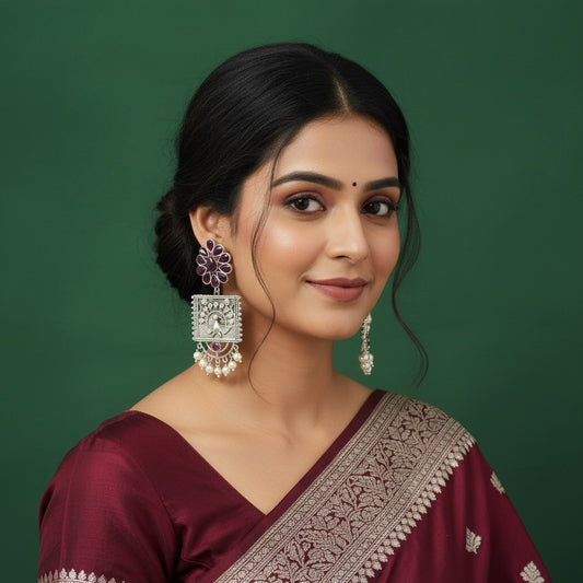 809673 Moti Earring With Oxidised Plating-Ruby