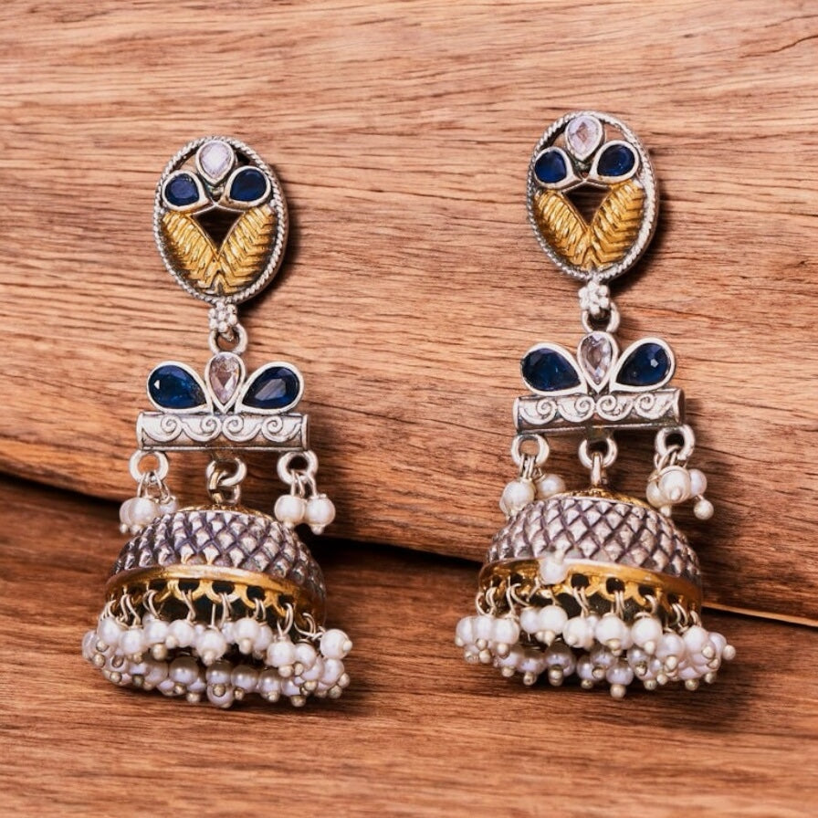 807521 Oxidised Pearl Jhumki With 2 Tone Plating-Blue
