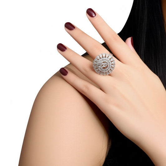 428262 Cz Adjustable Ring With Black 2 Tone Rhodium Plating-Silver