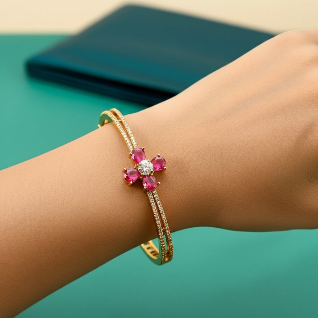 436685 Cubic Zirconia Classic Kada With Mehndi Plating-Ruby