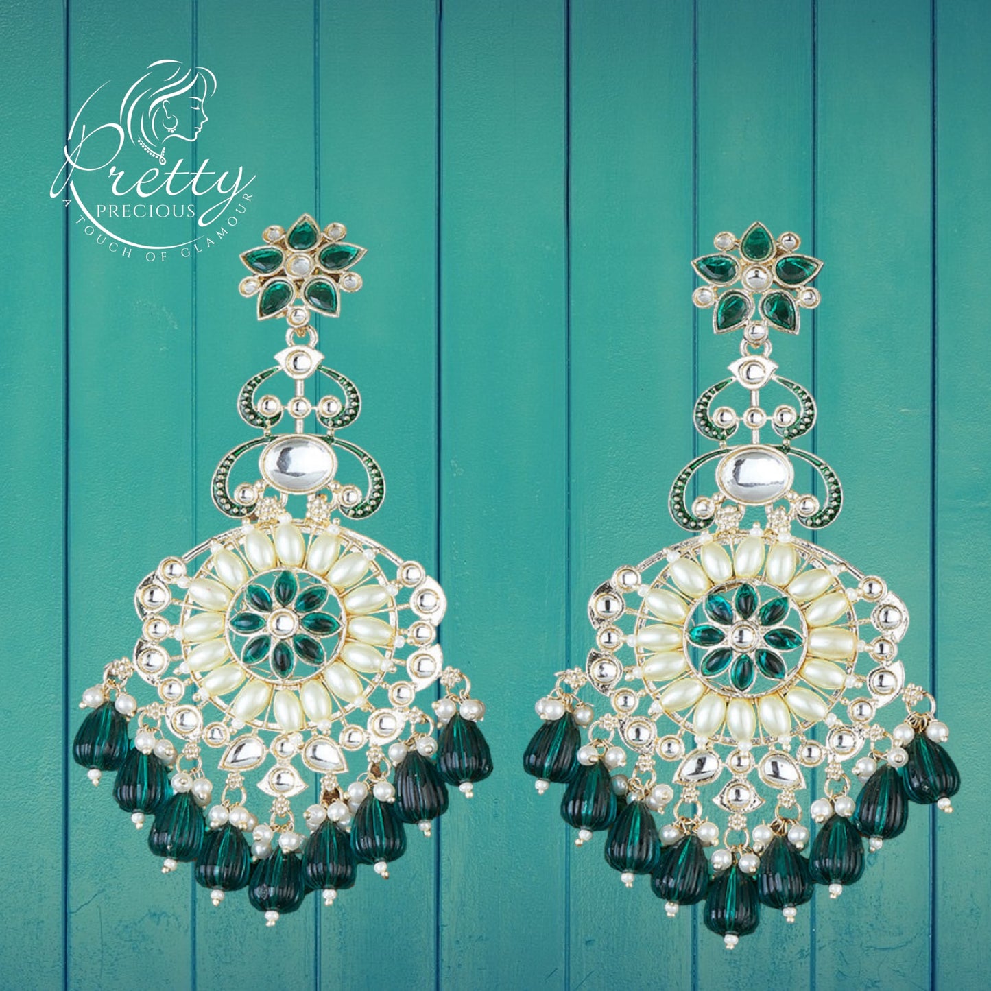 110860 Indo Western Beads Earring With Gold Plating-Green