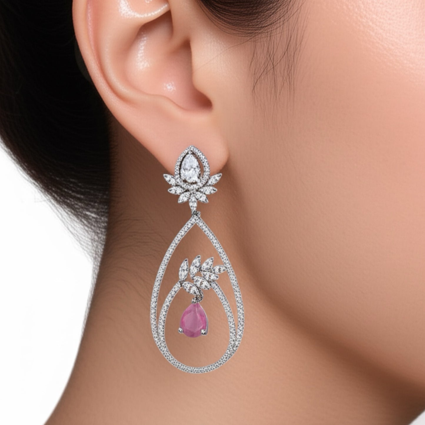 427316 Cz Classic Earring With Rhodium Plating-Pink