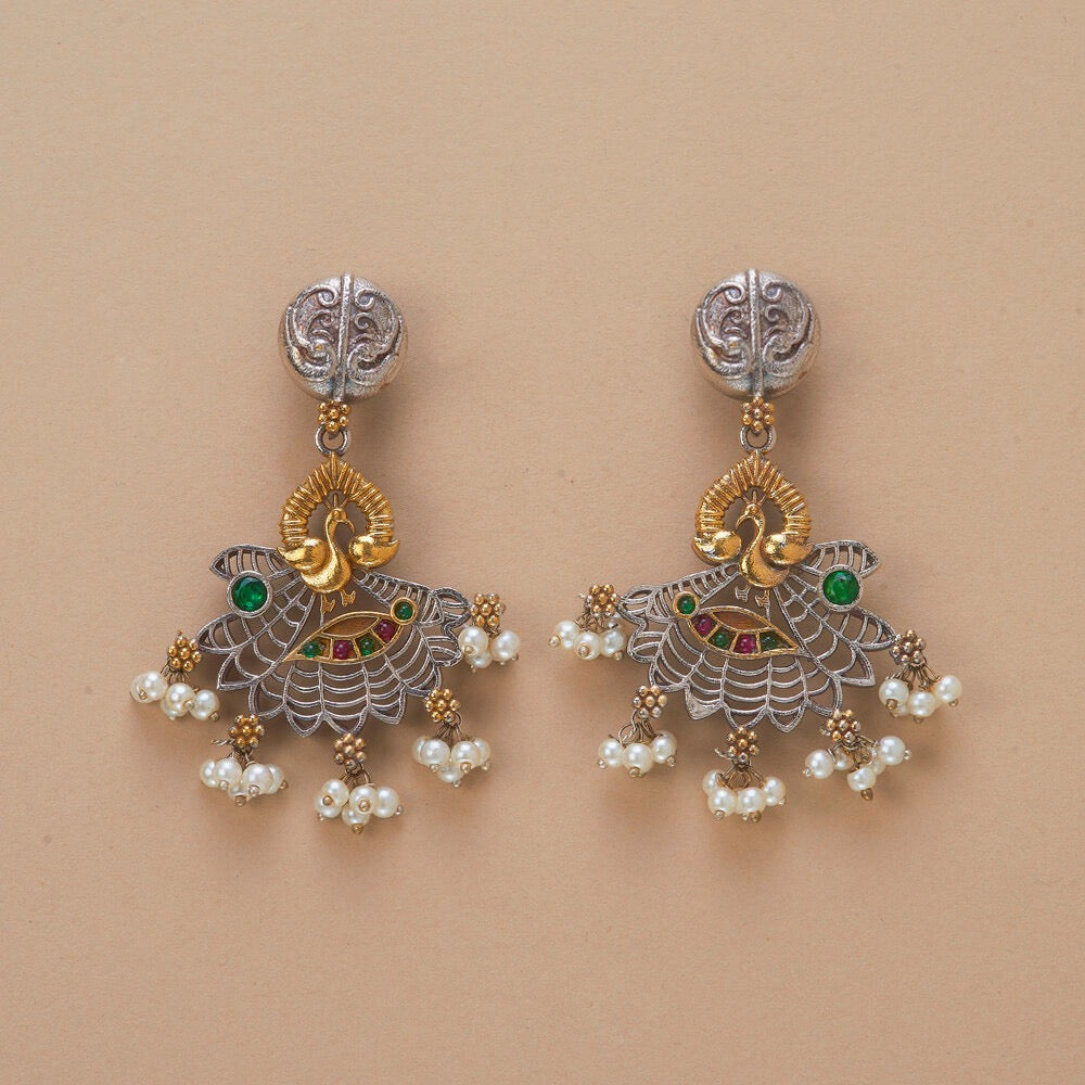 809057 Oxidised Peacock Earring With 2 Tone Plating-Rubygreen