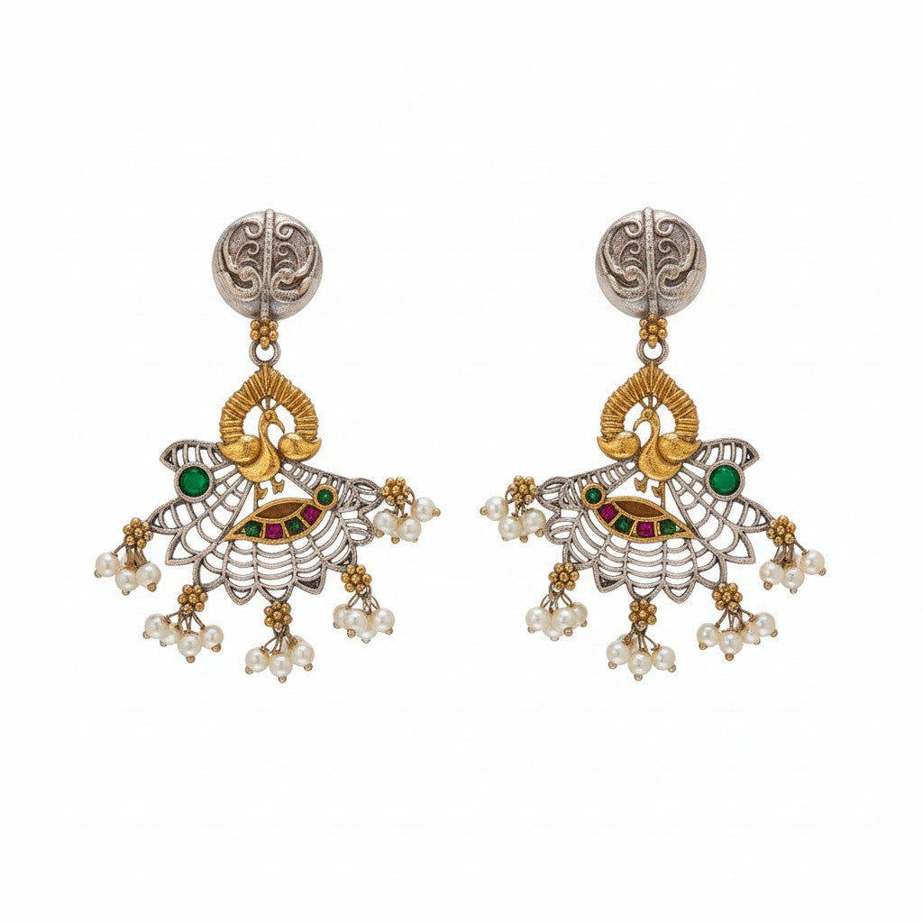 809057 Oxidised Peacock Earring With 2 Tone Plating-Rubygreen