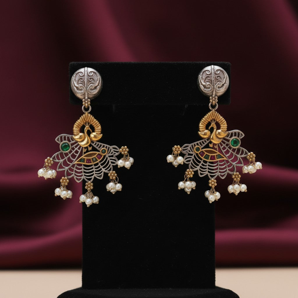 809057 Oxidised Peacock Earring With 2 Tone Plating-Rubygreen