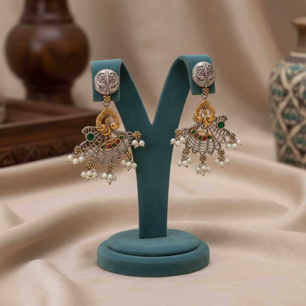 809057 Oxidised Peacock Earring With 2 Tone Plating-Rubygreen