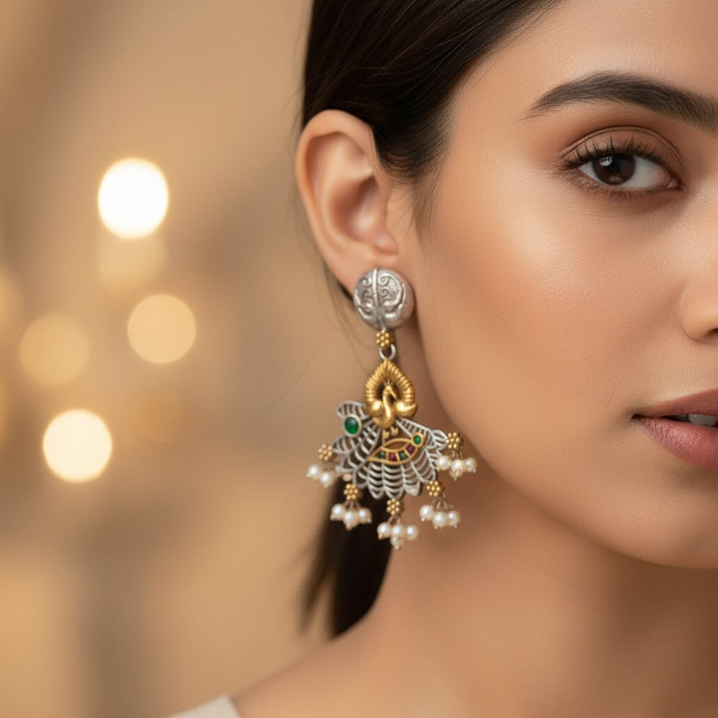 809057 Oxidised Peacock Earring With 2 Tone Plating-Rubygreen