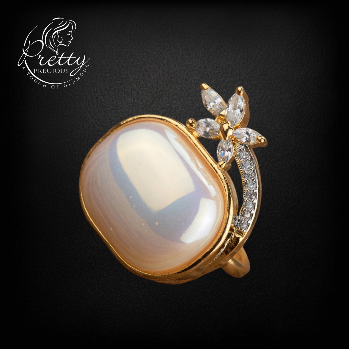 430120-Cz Moti Ring With Rhodium 2 Tone Plating-2 Tone