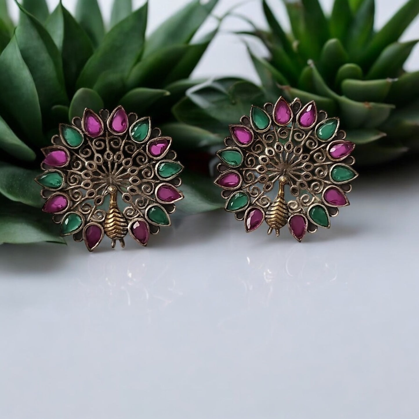803005 Peacock Earring With 2 Tone Plating-Rubygreen