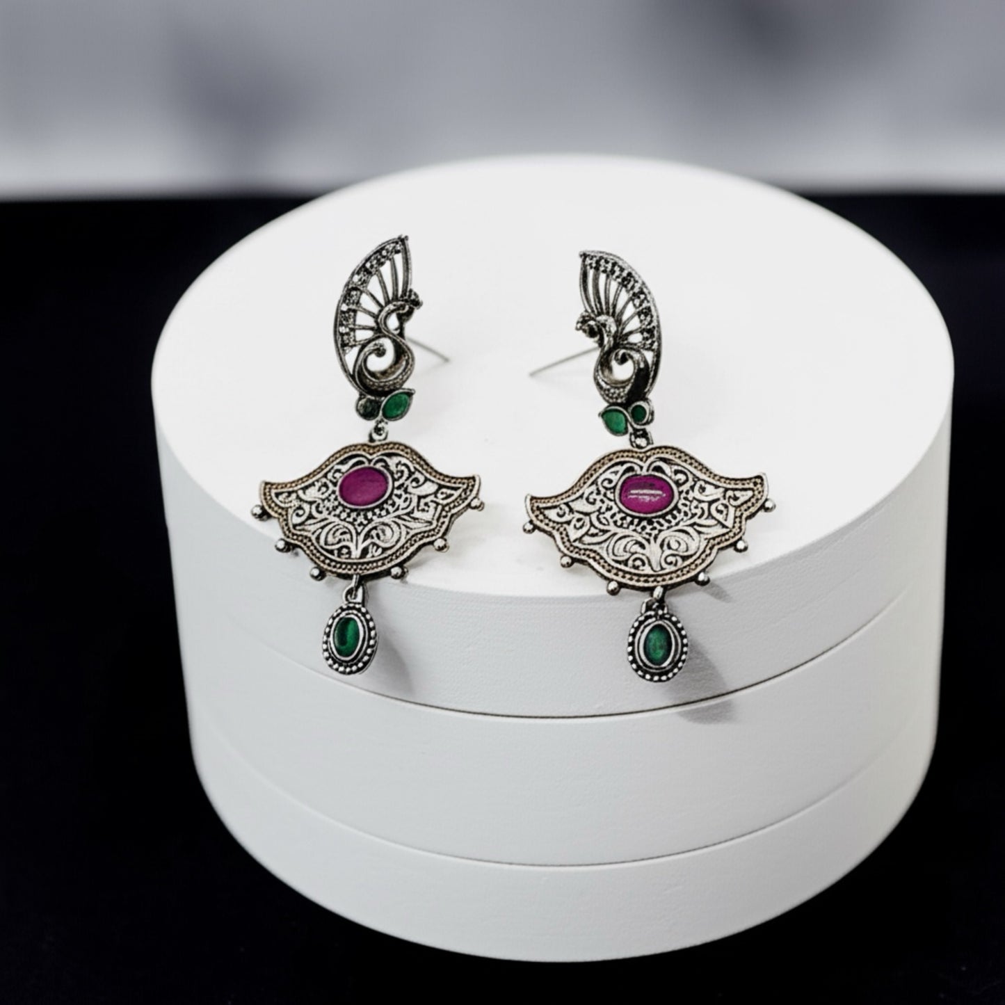 808915 Pretty Precious Fashion Oxidised Silver Stylish Party Wear Earrings for Women and Girls-Rubygreen