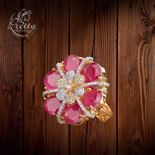 428701 Cubic Zirconia Adjustable Ring With 2 Tone Plating-Ruby