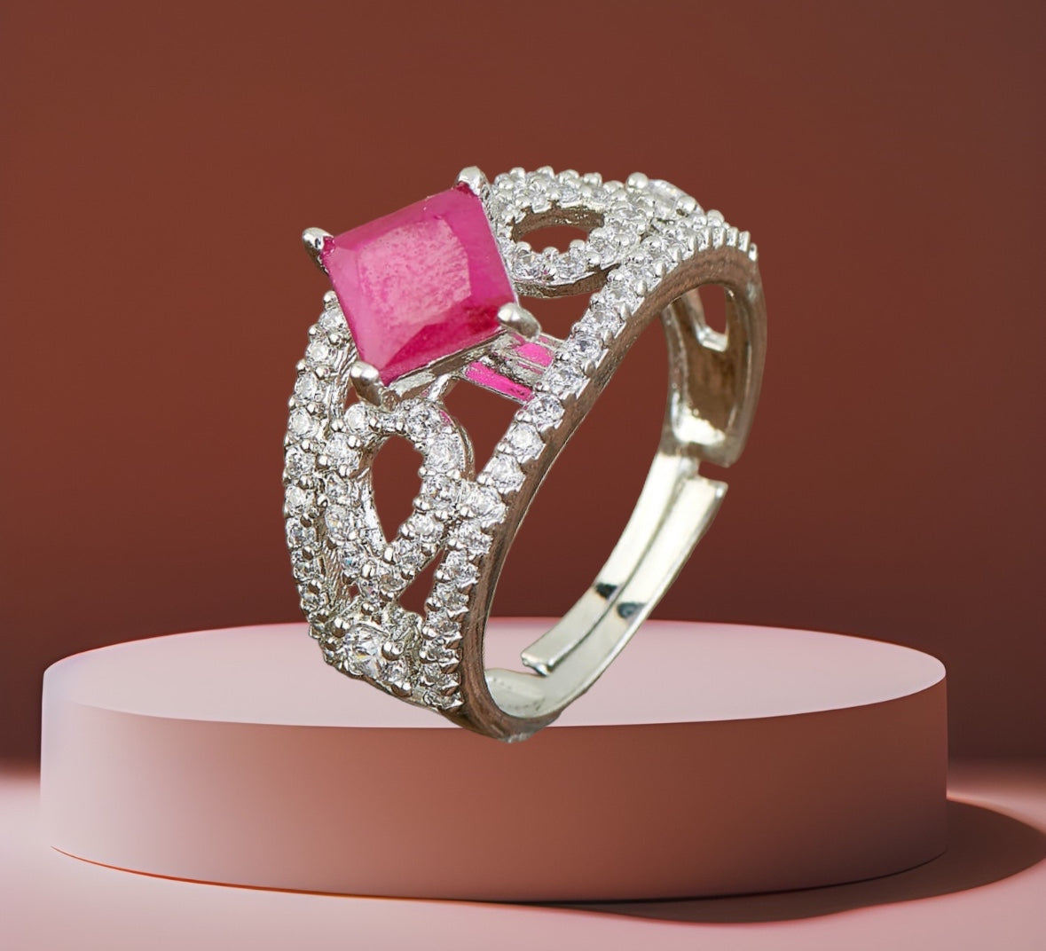 428288-RB Cz Adjustable Ring With Rhodium Plating-Ruby