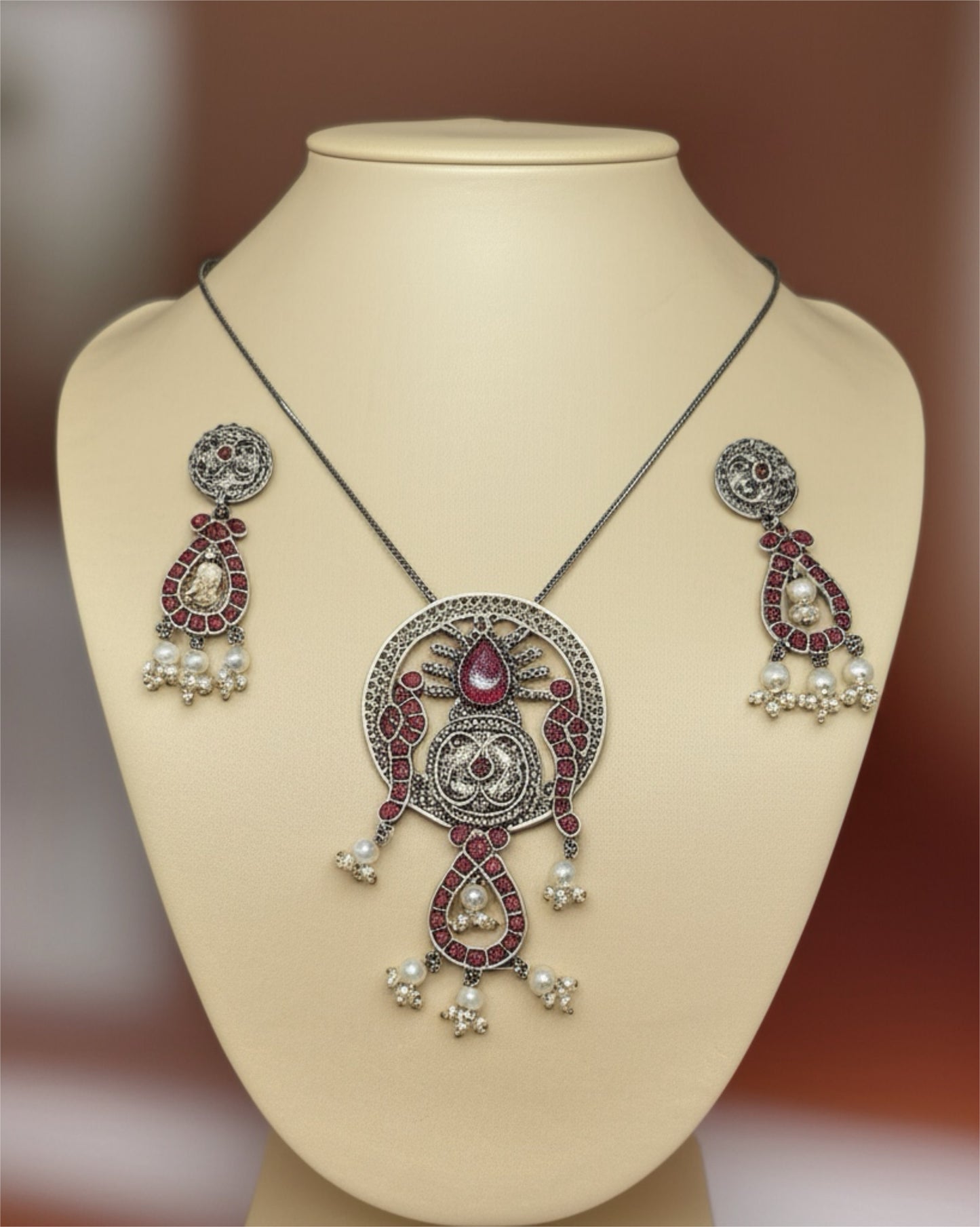 EOX35350 Pendant Set With Oxidized Plating-Ruby