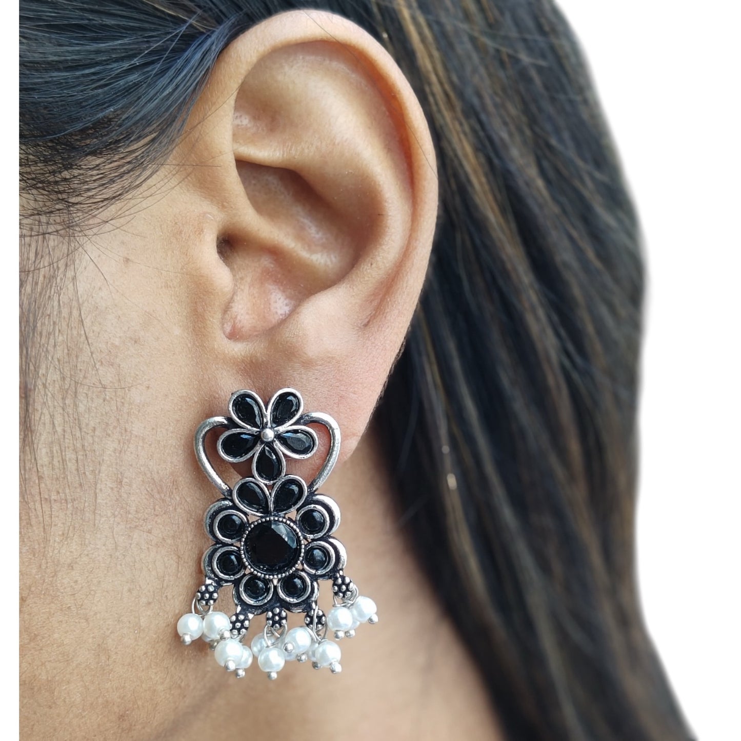 91999-ERO Pretty Precious Fashion Oxidised Silver Stylish Party Wear Earrings for Women and Girls-Black