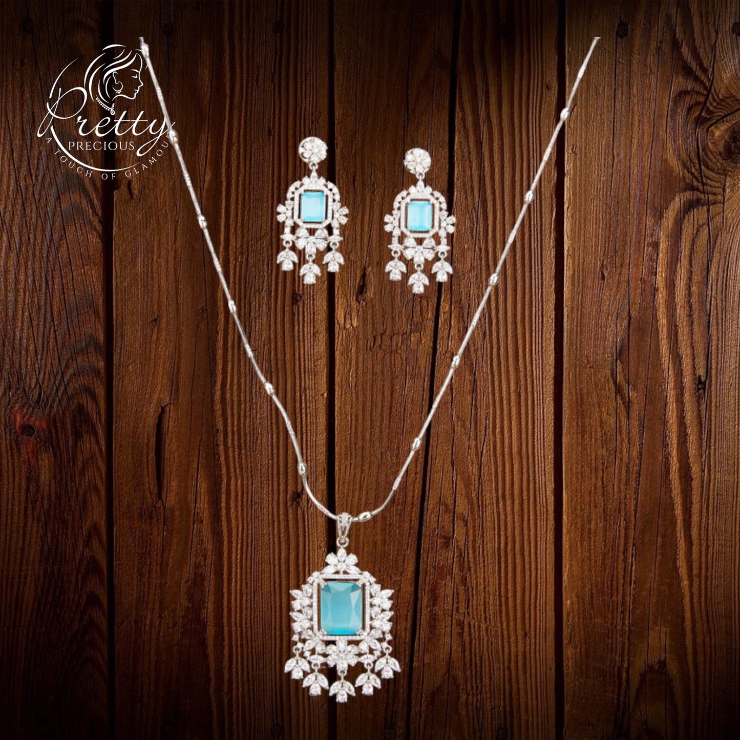428858 Cz Classic Pendant Set With Rhodium Plating-Aqua