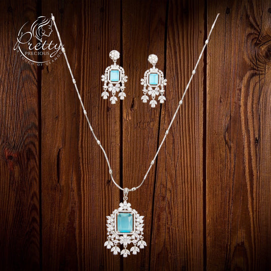 428858 Cz Classic Pendant Set With Rhodium Plating-Aqua